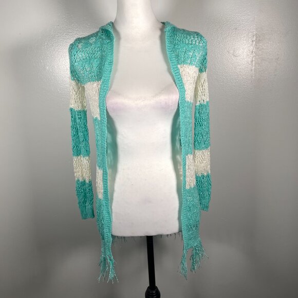 Heart N Crush Mint Green Ivory Hooded Open Weave 3/4 Sleeve Cardigan Sweater S - Picture 2 of 14